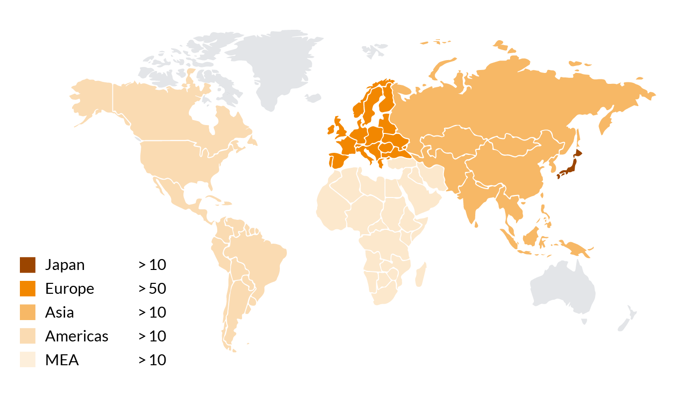 buss_web2024_applications_thermoset_weltkarte 熱硬化性樹脂の混練に使用されるブッス・ニーダーの世界的な展開を示す地図