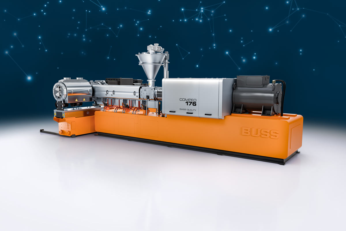 buss_webrelaunch_service_inbetriebnahme_compeo-176-compounder-konfiguration Für die Inbetriebnahme einer Compoundieranlage mit einem BUSS Ko-Kneter wird ein COMPEO 176 Compounder mit passenden Aggregaten (Austragseinheit, Einlauftrichter) gezeigt.