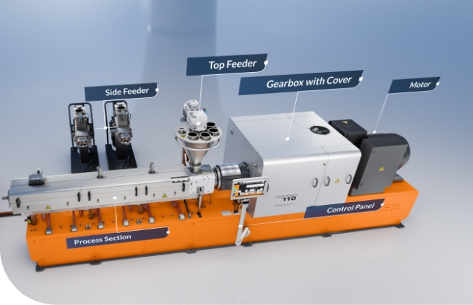 compeo-110-compounder_explanation-of-machine-setup COMPEO 110 Compounder mit erklärenden Fahnen des Maschinen-Setups und Markierung der Compoundierzone.