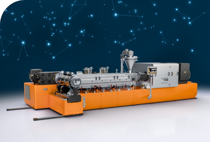 compeo110-compounder_with-sidefeeder-and-topfeeder-and-discharge-unit_plastics-processing_co-kneader COMPEO 110 Compounder mit einer Einlaufschnecke, zwei Side Feedern und einer BUSS CSS-F Austragseinheit als beispielhafte Darstellung der verfahrenstechnischen Möglichkeiten.